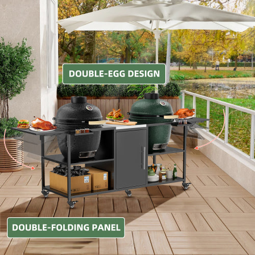 Outdoor Grill Cart for Two Big Green Egg, Metal Grill Table Compatible with Large Big Green Egg,Kamado Joe 18 Inch,and other similar models