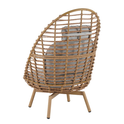 Ellis Outdoor Wicker High-back Swivel Lounge Chair, Teak Finished Leg, Light Brown Faux Rattan and Beige Cushion