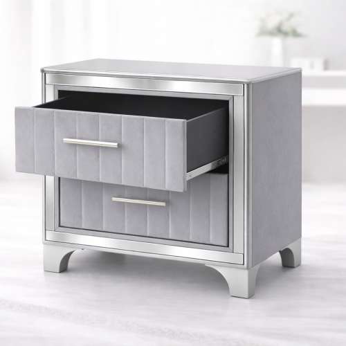Contemporary Acrylic Nightstand with Two Drawers, Upholstered Bedside Table Featuring Silver Metal Legs, Modern End Table for Bedroom or Living Space (22.64inch  W x 15.75inch  D x 24.13inch  H)