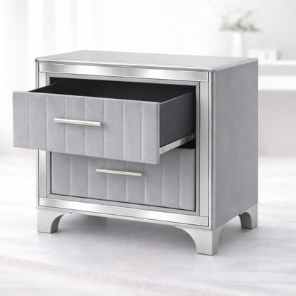 Contemporary Acrylic Nightstand with Two Drawers, Upholstered Bedside Table Featuring Silver Metal Legs, Modern End Table for Bedroom or Living Space (22.64inch  W x 15.75inch  D x 24.13inch  H)