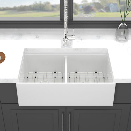 White Farmhouse Sink Workstation - 33 x 20 x 10 inch White Porcelain Ceramic Double Bowl Farm Kitchen Sink