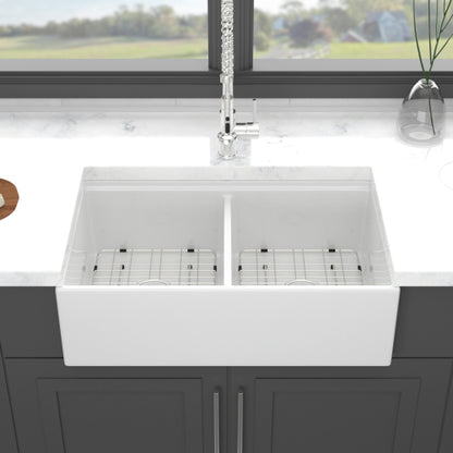 White Farmhouse Sink Workstation - 33 x 20 x 10 inch White Porcelain Ceramic Double Bowl Farm Kitchen Sink