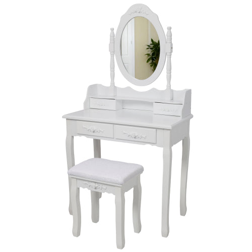 White Princess Vanity Desk Set with Mirror & Cushioned Stool, 4-Drawer Wooden Makeup Vanity Table for Girls' Bedroom, Dressing Table with Ample Storage