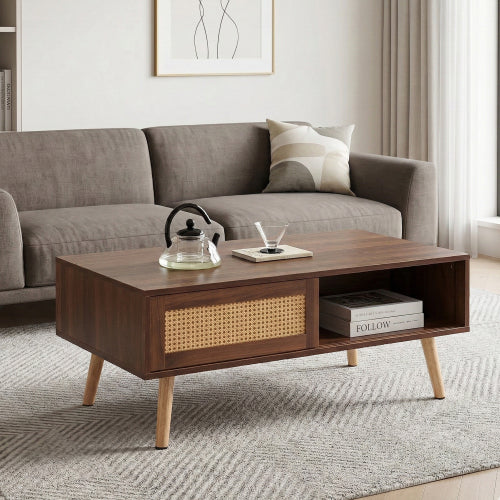 PE Rattan Coffee Table Sliding Door Storage Solid Wood Legs Walnut Accent Table