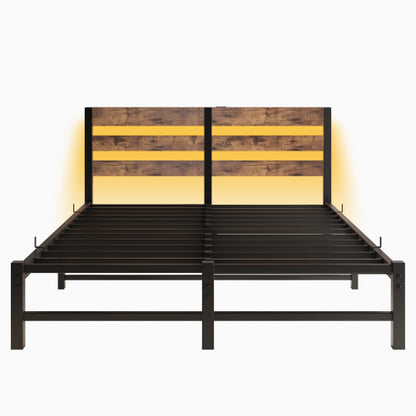 Queen Size  Metal Bed Frame with Wooden Headboard, RGB Lights,Charger, Storage Shelf, Noise-Free, No Box Spring Needed,Rustic Brown