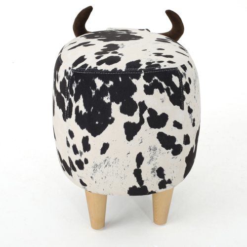 Black & White Cow Shaped Animal Ottoman, Fabric Footstool with Velvet Horns & Natural Birch Legs for Indoor & Outdoor Decor