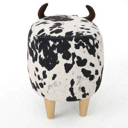 Black & White Cow Shaped Animal Ottoman, Fabric Footstool with Velvet Horns & Natural Birch Legs for Indoor & Outdoor Decor