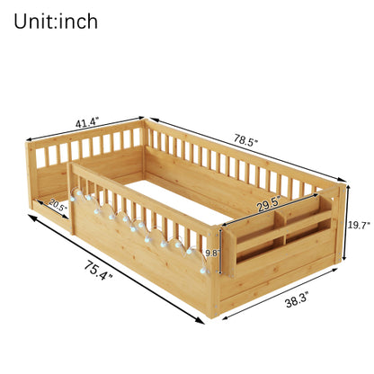 Twin Montessori Floor Bed Frame with High Rails, Wood Kids Floor Beds with Light and Storage Shelf, Natural