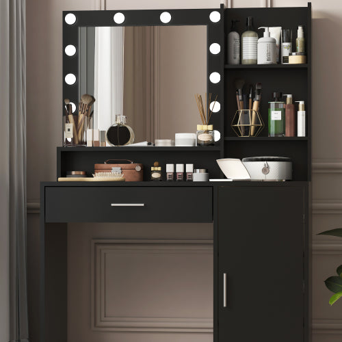 Black Vanity Desk with Mirror & Light, 12 LED Bulbs, Large Drawer, 3 Shelves & 3-Level Cabinets, 3 Lighting Modes