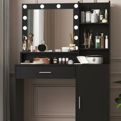 Black Vanity Desk with Mirror & Light, 12 LED Bulbs, Large Drawer, 3 Shelves & 3-Level Cabinets, 3 Lighting Modes