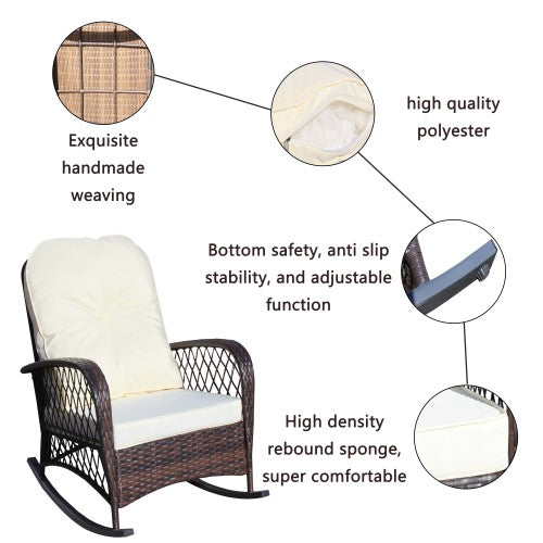 Outdoor Wicker Rocking Chair with Wide Seat, Thick, Soft Cushion, Rattan Rocker w/Steel Frame, High Weight Capacity for Patio, Garden, Backyard, Beige Cushion