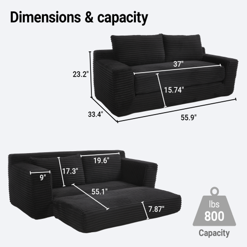 56 inch  Black Memory-Foam Compression Convertible Corduroy Loveseat, No Assembly