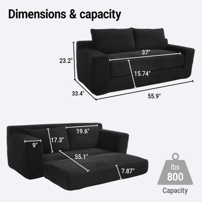 56 inch  Black Memory-Foam Compression Convertible Corduroy Loveseat, No Assembly