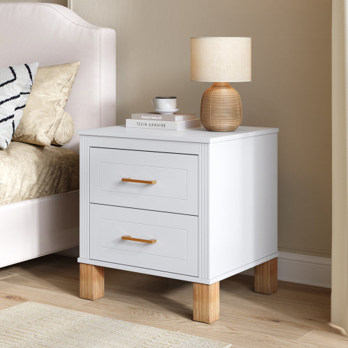 White Fluted Nightstand, 2-Drawer Bedside Table with Metal Handles & Solid Wood Legs