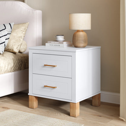 White Fluted Nightstand, 2-Drawer Bedside Table with Metal Handles & Solid Wood Legs