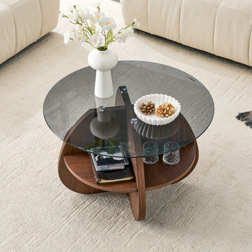 Round Coffee Table with Gray Tempered Glass Top & Fan-Shaped Storage