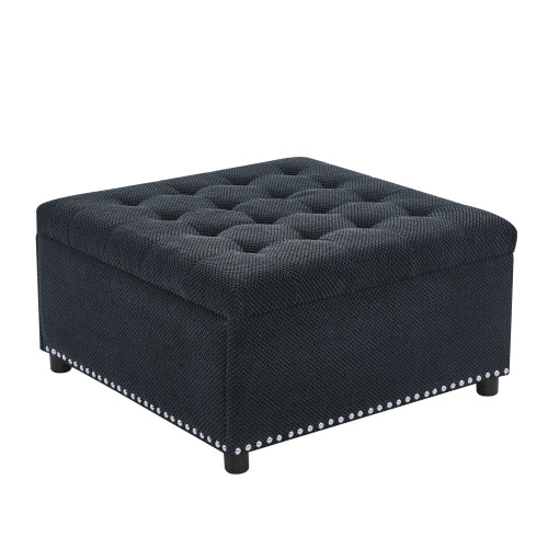 Black Tufted Square Storage Ottoman with Nailhead Trim, Multi-Functional Upholstered Footstool for Living Room & Bedroom