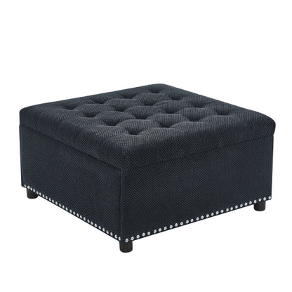 Black Tufted Square Storage Ottoman with Nailhead Trim, Multi-Functional Upholstered Footstool for Living Room & Bedroom