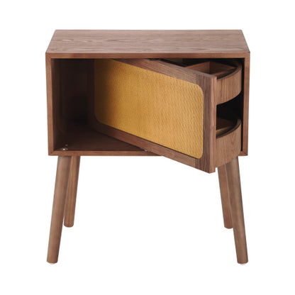 Rattan Nightstand with Hidden Storage Compartment, Mid Century Modern Bedside Table with Wood Legs, Walnut End Table