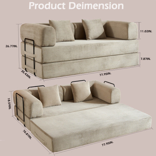 Beige Corduroy Convertible Sleeper Sofa Bed with Cylindrical Pillow