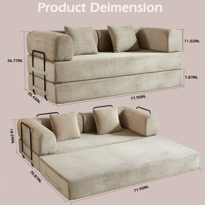 Beige Corduroy Convertible Sleeper Sofa Bed with Cylindrical Pillow