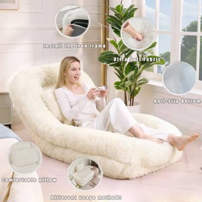 Beige 5-Position Adjustable Human-Size Floor Sofa Bed, Plush Faux Fur