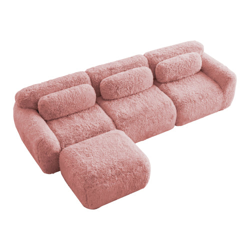 Pink L-Shaped Plush Boneless Modular Sofa, Movable Ottoman, 32D Sponge, No Assembly