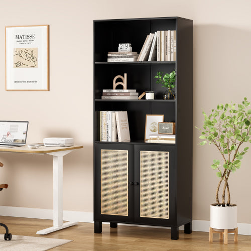 Tall Bookcase with Rattan Doors, 5-Tier Wood Storage Shelf, Black