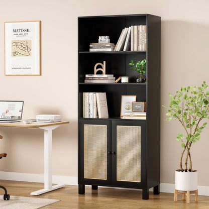 Tall Bookcase with Rattan Doors, 5-Tier Wood Storage Shelf, Black