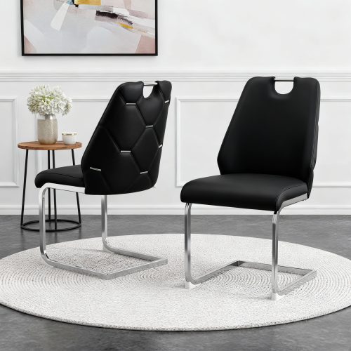 Set of 2 Black Gold Mesh PU High Back Dining Chairs, Silver Back Ring Chrome Pull Handle Solid Iron Frame