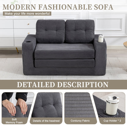 2-in-1 Fold-Out Corduroy Convertible Floor Sofa-Bed with Pockets