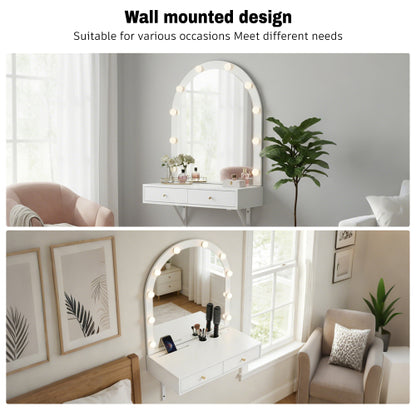 White Floating Wall Mounted Vanity Desk with LED Mirror, 3 Color Lights, Power Outlet & USB, Large Storage