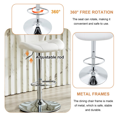 Set of 2 Height Adjustable Bar Stools, PU Upholstered Tufted Backrest Chairs with Chrome-Plated Metal Base & Footrest for Kitchen Island, Pub, Bar (White)