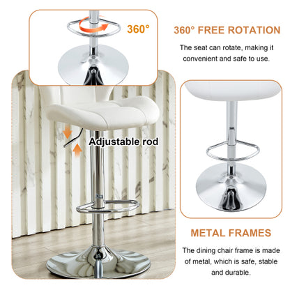 Set of 2 Height Adjustable Bar Stools, PU Upholstered Tufted Backrest Chairs with Chrome-Plated Metal Base & Footrest for Kitchen Island, Pub, Bar (White)