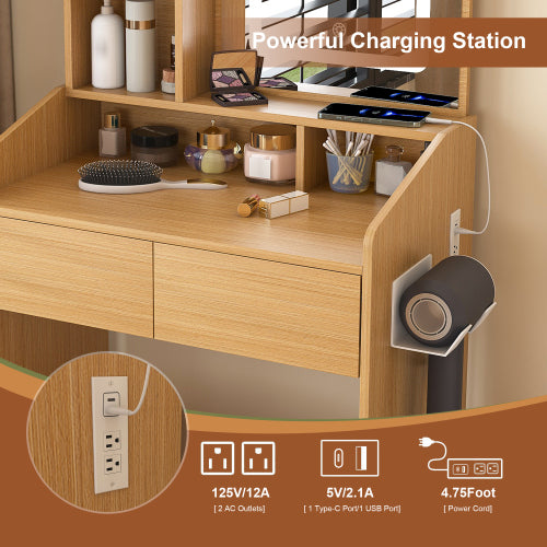 Vanity Table with LED-Illuminated Mirror, Power Outlet, Hairdryer Holder & Stool ¨C Compact Dressing Desk for Small Bedrooms(Wood)