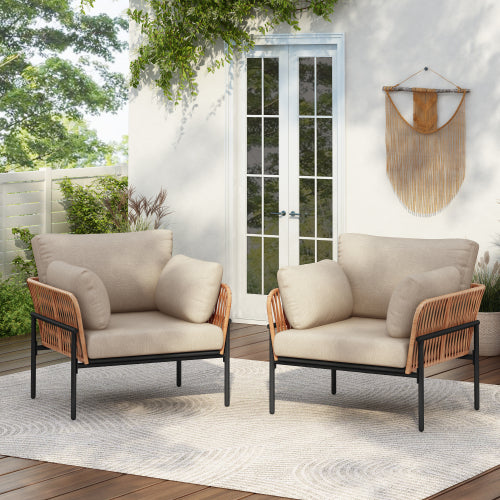 [Set of 2] 36" Beige and Light Wood-Tone Rope Iron Lounge Chair with Cushions, Perfect for Natural and Modern Spaces