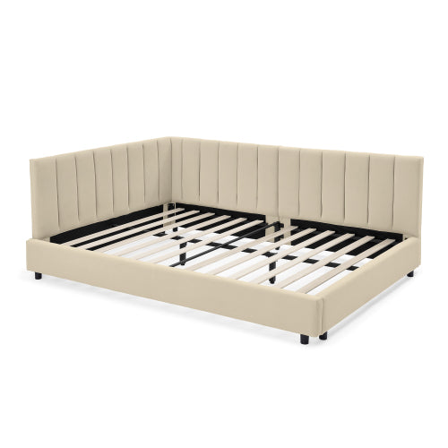 Full Size Upholstered Tufted Bed Frame, Sofa Bed Frame with Comfortable Backrest and Armrests, Full Size Bed for Bedroom, Living Room,Velvet-Beige(81inch *60inch *29.5inch )
