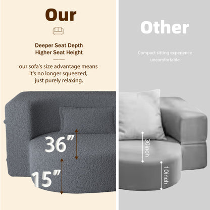 Grey Full-Size Convertible Sherpa-Fleece Floor Sofa-Bed 15 inch  Height with 2 Pillows No-Assembly Folding Mattress for Living-Room Play-Room