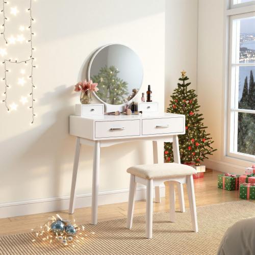 Contemporary White Wood Vanity and Stool Set, Round Mirror, Rubberwood Frame, 32.68 inch W