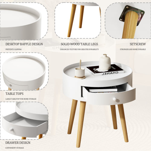 White Nightstand with Drawer & Oak Legs