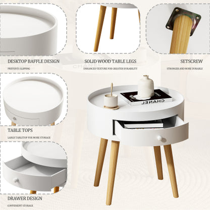 White Nightstand with Drawer & Oak Legs