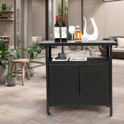 Outdoor Wicker Bar Cart, Patio Wine Serving Cart w/Wheels , Rolling Rattan Beverage Bar Counter Table w/Glass Top for Porch Backyard Garden Poolside Party, Black