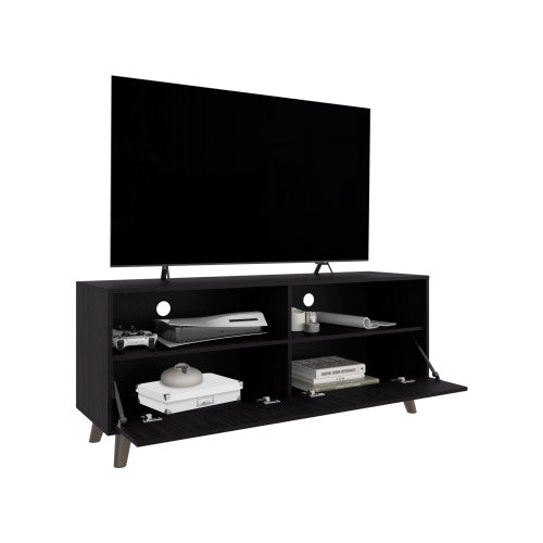 65 Inch Black Modern Patrick TV Stand with Dual Closed Doors & Central Open Storage Shelf