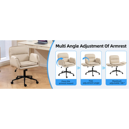 Criss Cross Chair with 5-Gear Adjustable Armrests & Wheels, Ergonomic Thickened Backrest Swivel Desk Chair for Home Office, Vanity, Bedroom and Living Room, Beige Pu