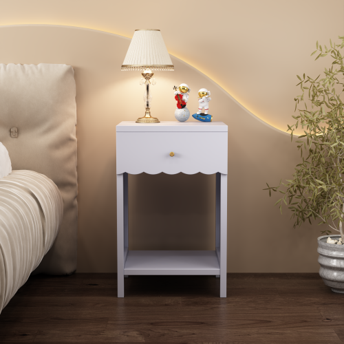 Modern  Nightstand with Drawer and Open Shelf,Scalloped Edge Bedside Table for Bedroom, Cute Minimalist Side Table for Kids Room or Girls' Room,Light Purple