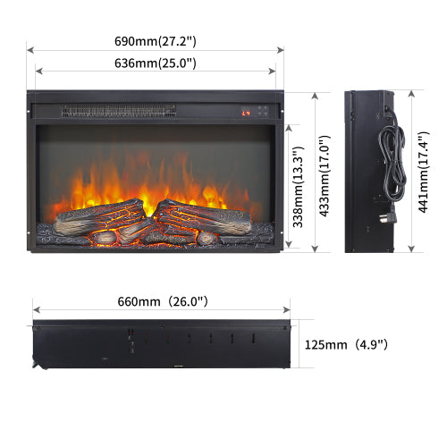 26 inch electric fireplace insert, ultra thin heater with log set & realistic flame, remote control with timer, overheating protection
