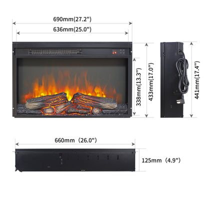 26 inch electric fireplace insert, ultra thin heater with log set & realistic flame, remote control with timer, overheating protection