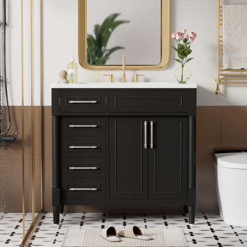 36'' Bathroom Vanity with Top Resin Sink, Freestanding Bathroom Storage Cabinet with 2 Drawers and a Tip-out Drawer, Solid Wood Frame Vanity Set, Height Adjustable Shelf