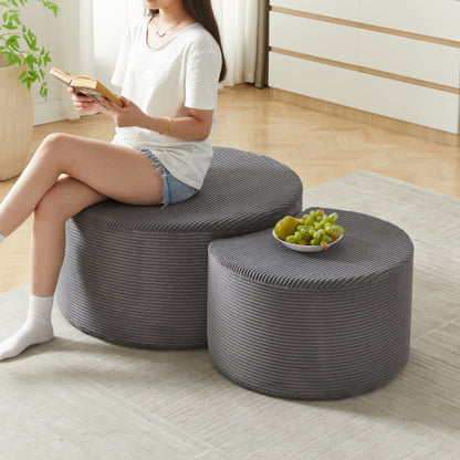 Set of 2 Upholstered Nesting Round Coffee Tables, Ottoman Side Table, No Assembly