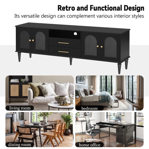 68.9 Inch Retro Fluted Glass TV Stand for 75 Inch TV with 5 Solid Pine Legs